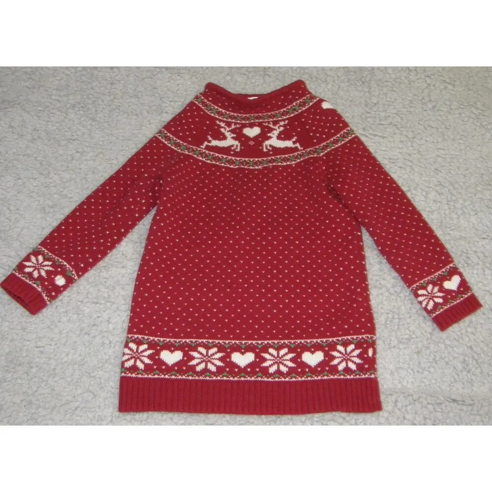 TAHARI Girl Sz Medium (5-6) Red Fair Isle Heart Reindeer Christmas Sweater Dress
